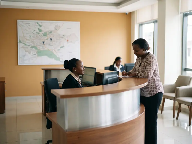A receptionist helping a patient at a private clinic in Nairobi