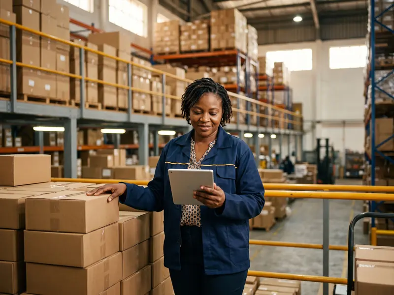 An operations manager checking stock in a Lagos warehouse