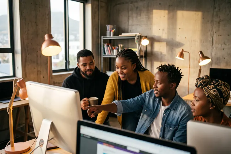 A web agency team in a Cape Town studio gathered around a monitor
