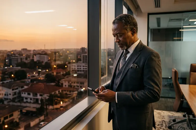 A business executive reading his phone in an Accra office at dusk