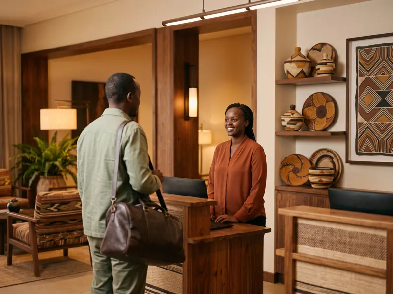 A front-desk manager welcoming a guest in a Kigali hotel lobby